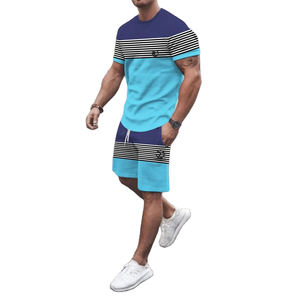 Survêtements de sport en coton décontractés pour hommes, nouveaux ensembles chemise à manches courtes et short en polaire de couleur unie respirants pour l'été - Product Image 1