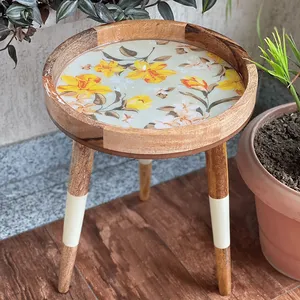 Mughalcrafts โต๊ะข้างไม้มะม่วงสีทึบทันสมัยขาที่ถอดออกได้ทำด้วยมือฤดูใบไม้ผลิดอกไม้โต๊ะกาแฟห้องนั่งเล่นห้องครัวใช้ในห้องครัว - Product Image 1