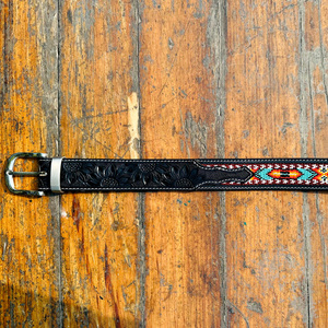 Ceinture unisexe en cuir véritable d'Argentine importée noire, style occidental, boucle en laiton de vache brodée et perlée, largeur 40mm - Product Image 5