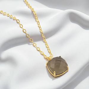 Juego de puntas de cuarzo ahumado con forma de cojín de plata de ley, colgante de cadena de 18 pulgadas, joyería - Product Image 1