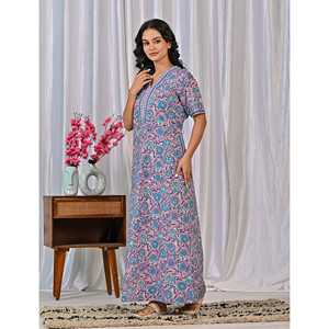 Vestido de Dormir 100% Algodón con Estampado Jaal Hecho a Mano, Camisón Suave Tejido con Diseño Floral y Cierre de Botones, Talla 3XL para Damas de Honor - Product Image 6