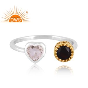Anillo ajustable de piedras preciosas de ónix negro y cuarzo de cristal Natural de plata de ley fina, fabricante de joyería personalizada - Product Image 3