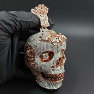 Colgante de Cabeza de Calavera con Diamante Redondo de Moissanita, Chapado en Oro Rosa, Joyería Hip Hop Rap, Plata 925, Colgantes y Dijes de Joyería Fina - Product Image 2