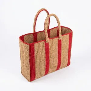 Sac fourre-tout bohème rayé en crochet, écologique, décontracté, unisexe, avec deux poignées, durable, ouverture supérieure, usage quotidien, beige, rouge, jaune - Product Image 5