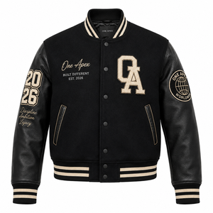 Blouson universitaire premium en cuir noir avec corps en laine et patchs brodés, style bomber, streetwear universitaire, fabricants OEM ODM - Product Image 1