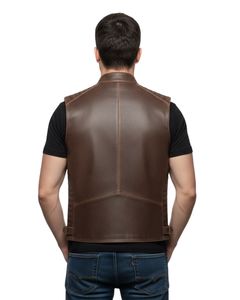 Gilet de motard en cuir véritable marron de qualité supérieure pour homme, sans manches, col montant, fermeture éclair asymétrique, avec poches utilitaires - Product Image 5
