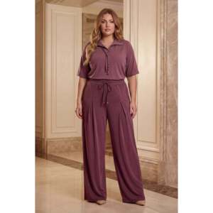 Pantalones de Mujer Talla Grande con Cintura Elástica, Cordones y Pliegues Delanteros, Color Borgoña - Product Image 4