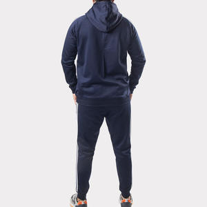 <b>Mens</b> <b>Navy</b> Blue Athletic Hooded Tracksuit Full Zip Hoodie with White Triple Stripes on Sleeves and Matching Joggers Sportswear - Product Image 5