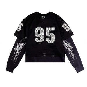 เสื้อยืดแขนยาวสองชั้นผ้าฝ้าย100% สำหรับผู้ชายลำลองฮิปฮอปพิมพ์ลายตาข่ายสีทึบปรับแต่งได้ - Product Image 1