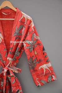 Floral Safari Print Kantha Jacket for Women Long Quilted Cotton Robe with Handmade Indian Winter <b>Pocket</b> Decoration <b>Belt</b> Closure - Product Image 6