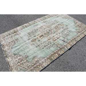 Tapis turc vintage écologique 4,9x8,2 pieds, tapis en laine patchwork vert avec envers en latex - Product Image 2