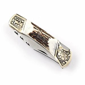 Navaja Plegable de Acero Inoxidable con Mango de Asta de Ciervo, Funda de Cuero Personalizada, EDC de Bolsillo, Grado Industrial, para Caza y Camping - Product Image 6