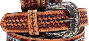 Antique Western Fashion <b>Genuine</b> <b>Leather</b> <b>Belt</b> Custom Length Full-Grain Beaded Tooled Basket Weave Design with Alloy for Buckle - Product Image 4