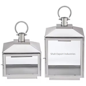 Innovative Design Stainless Steel and Glass Silver Candle <b>Lanterns</b> Set of Two for Home and Wedding Decorations - Product Image 2