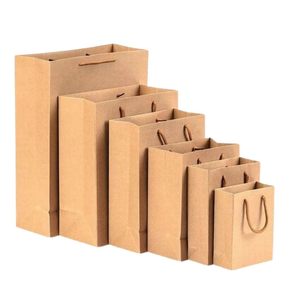 Venta al por mayor bolsa de papel Kraft simple cuerda de papel Kraft mango trenzado bolsa de transporte de compras bolsas de papel con su propio logotipo