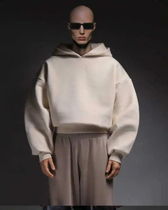 Sweats à capuche surdimensionnés personnalisés en coton mélangé de couleur unie unisexe épaule tombante poids lourd 700Gsm sweats à capuche courts en coton - Product Image 4