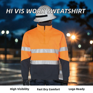 Two Tone Contrast Reflective Tape Half Zip Hooded <b>Work</b> Sweatshirt Custom Logo OEM <b>Fleece</b> Hi Vis <b>Mens</b> Pullover 100% Cotton - Product Image 2