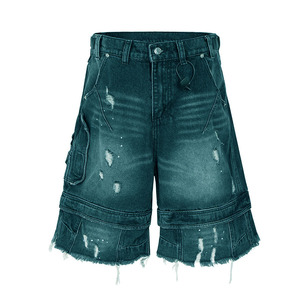Pantalones Cortos Cargo de Algodón Lavado para Hombre, Cintura Media, Dobladillo Desgarrado, Estilo Casual Urbano, Color Sólido, Cierre de Botones, Largo Bermuda - Product Image 3