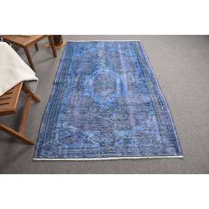 Alfombra de lana turca azul Vintage, 4 '1X6'3 pies, alfombra clásica de área grande para sala de estar, patrón de retazos, respaldo de látex para decoraciones - Product Image 1