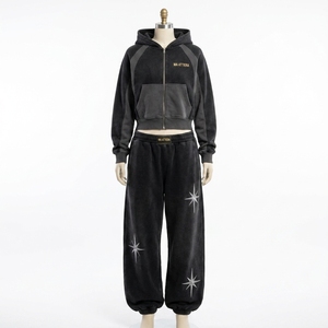 Custom Women Black <b>Cropped</b> Zip Up Hoodie Wide Leg <b>Jogger</b> Set Cotton Fleece Rhinestone Streetwear Tracksuit OEM - Product Image 3