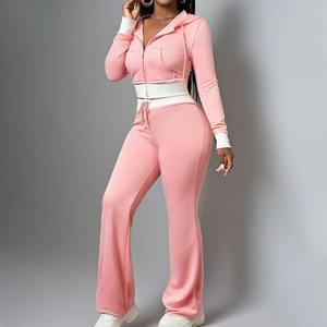 Ensemble sweat à capuche et pantalon de survêtement en éponge française en coton de haute qualité Logo personnalisé survêtements courts à fermeture éclair brodés pour femmes - Product Image 3