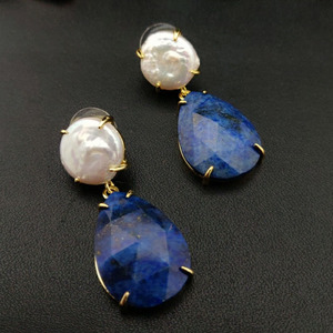 ขายส่งกำหนดเอง ONYX & Lapis Lazuli ต่างหูพลอยธรรมชาติไข่มุกเครื่องประดับตุ้งติ้งที่มีโลโก้ที่กำหนดเองสำหรับผู้หญิง - Product Image 1