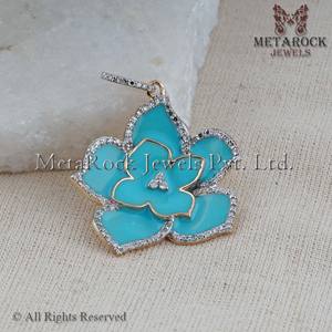 Solid 14k Gold Flower Pendant Enamel <b>Jewelry</b> Pave Diamond Gold Pendant <b>Handmade</b> <b>Jewelry</b> - Product Image 2