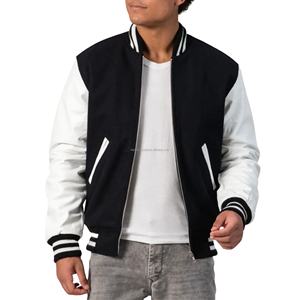 Blouson universitaire unisexe zippé en laine avec manches en cuir, style bomber côtelé, doublure matelassée, patchwork sur le devant, uniforme d'équipe de baseball - Product Image 1