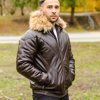 Blouson aviateur marron en cuir personnalisé pour hommes en gros Veste en cuir pur à capuche avec col en fourrure d'hiver à manches longues pour hommes