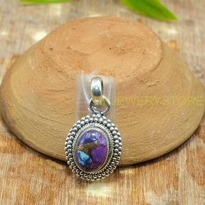 Colgante de Plata de Ley 925 con Cabujón Ovalado de Turquesa Cobre Púrpura Natural, Marco de Cuentas Hecho a Mano, Joyería Tribal Vintage Boho - Product Image 6