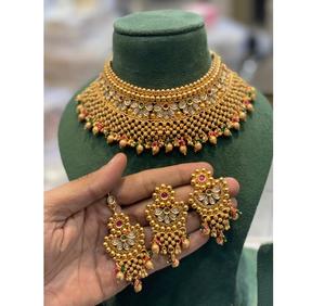 Beautiful Premium Quality Real Look Gold Plated Necklace <b>Set</b> With Earrings Tikka for Wedding Festival Wear Collection For <b>Women</b> - Product Image 1