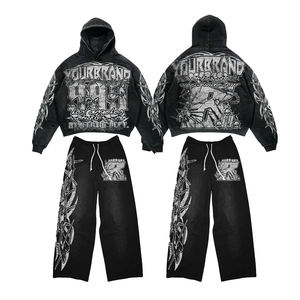 Venta al por mayor de gran tamaño de invierno Premium Unisex chándal de algodón de peso pesado gráfico crudo dobladillo satén pantalones de chándal y conjuntos de Sudadera con capucha - Product Image 2