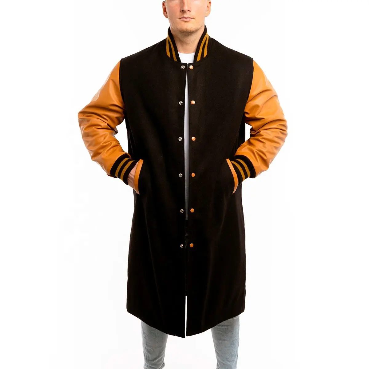 Men's Black Wool Body & Old Gold Leather Sleeves Letterman Coat Custom Made Varsity Coat High Quality Men College Baseball Coat