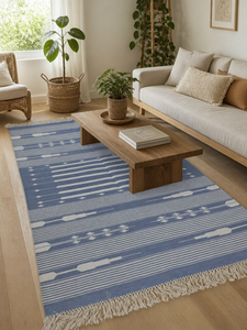 Indian Handmade Cotton Flat Weave Area <b>Rug</b> Blue <b>White</b> Striped Tribal Geometric Kilim Dhurrie Carpet with Fringe for Living Room - Product Image 4