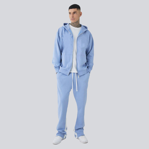 Survêtement Streetwear en molleton 100% coton délavé à l'acide, pantalon évasé et sweat à capuche zippé surdimensionné pour homme - Product Image 4