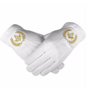 Gant maçonnique en coton avec boussole carrée de broderie à la machine en or et en argent LOGO Gants en coton doux sur mesure 100% - Product Image 1