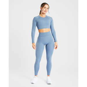Top corto de manga larga con grapas para mujer de color azul pizarra de la mejor calidad, camisetas cortas de Fitness suaves y ligeras elásticas de 4 vías para mujer - Product Image 2