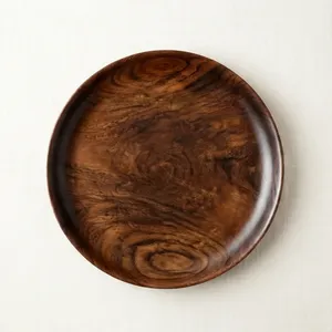 Assiette plate ronde en bois d'acacia, faite à la main, polie, style Wabi Sabi, couleur unie, vaisselle et assiettes - Product Image 5
