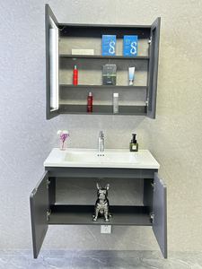 Meuble de salle de bain moderne de luxe en bois massif avec lavabo en céramique intégré, 2 étagères, poignées en acier inoxydable et design lumineux - Product Image 5