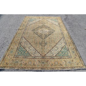 Alfombra de látex de tejido plano de lana turca Vintage tradicional de 6,5 pies X 9,3 pies Beige verde Patchwork diseño alfombra para sala de estar - Product Image 1