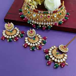 Indian Bridal Jewellery Ethnic Faux <b>Pearl</b> Kundan Choker <b>Necklace</b> Wedding Chaandbali Earrings with Maang Tikka Jewellery, Multi - Product Image 2