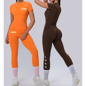 Conjunto Deportivo de Dos Piezas para Mujer de Alta Calidad, Leggings de Yoga de Manga Larga con Logotipo Frontal, Diseño Sólido, Venta al Por Mayor Personalizada - Product Image 1
