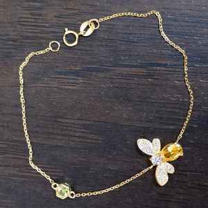 Honey Bee Chain <b>Bracelet</b> Yellow Oval CZ Stone 925 Silver 14K Gold Plated Unique Insect Bug Jewelry <b>For</b> Her - Product Image 3