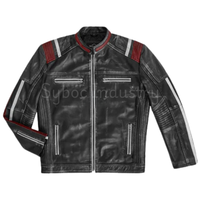 Blouson Moto Homme en Cuir Véritable Effet Vieilli, Style Cafe Racer, Noir avec Rayures Rouges, Col Montant, Cuir Ciré Vintage