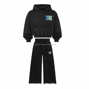 Heavy 380 GSM Chándal de algodón cepillado Sudadera con capucha negra de gran tamaño y pantalones de pierna ancha Chándal de estilo bordado con logotipo personalizado - Product Image 1