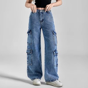 Factory OEM Women <b>Cargo</b> Women's <b>Oversized</b> Jeans Custom Straight Denim <b>Pants</b> Baggy Wide Leg Distressed Hole Jeans - Product Image 4