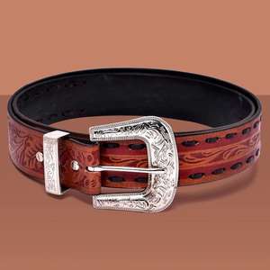 Vintage Mens Handmade Two-Tone Cowhide <b>Leather</b> <b>Belt</b> Hand-Carved with Custom <b>Tooling</b> and Steel Buckle - Product Image 3