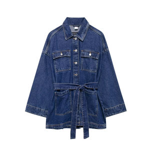 Veste en jean surdimensionnée pour femmes avec ceinture à nouer, veste en jean à lavage foncé tendance, manches longues, coupe ample, vêtements d'extérieur en jean pour femmes - Product Image 4