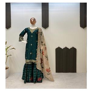 Paillettes de costume de Chinon lourd de concepteur exclusif de qualité supérieure fonctionnent Flair Sharara correspondant Dupatta pour le mariage de fête traditionnel - Product Image 1