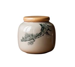 Tarro de Almacenamiento Decorativo de Cerámica con Tapa de Madera, Diseño Botánico Elegante, Recipiente Hermético para Cocina, Organizador de Despensa - Product Image 1